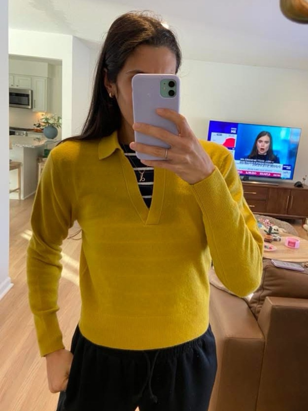 White + Warren Cashmere Long-Sleeved Polo in Chartreuse Yellow size S small - Picture 6 of 6